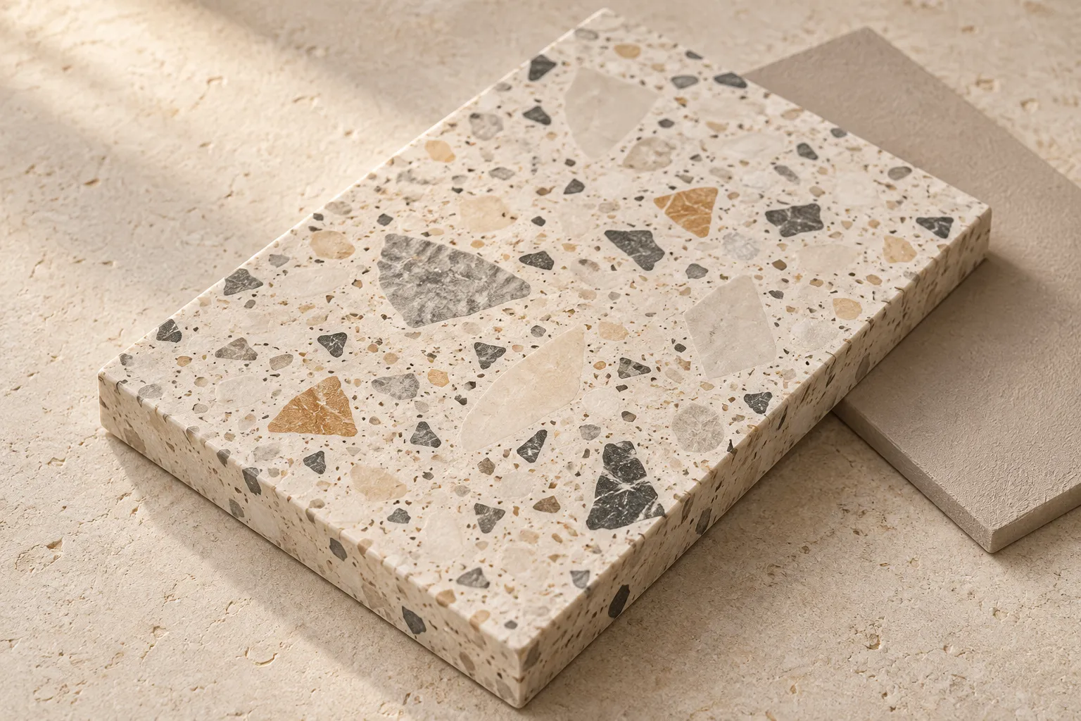 Illustrative study of warm ivory terrazzo and a mineral-plaster swatch