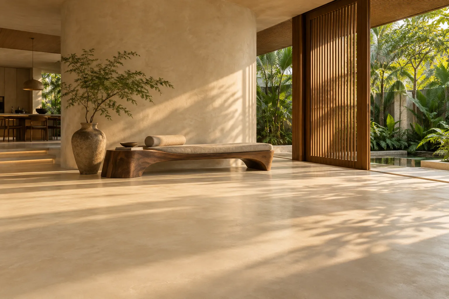 Concept interior with warm mineral floors and tropical light