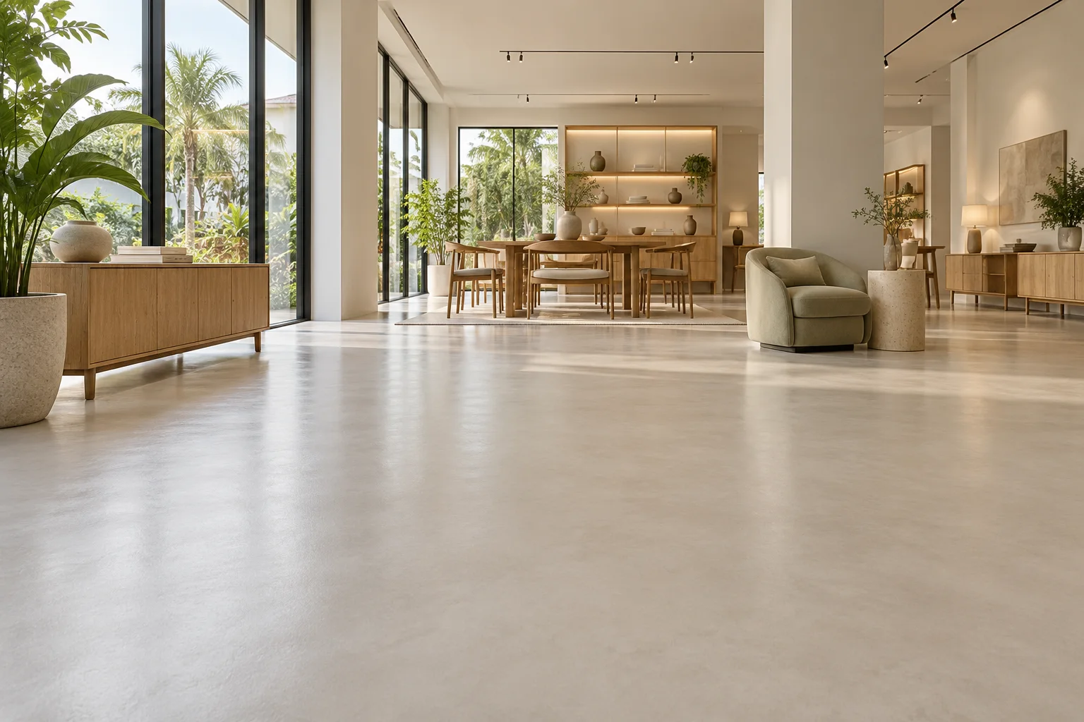 Konsep bilik pameran kontemporari dengan lantai resin satin