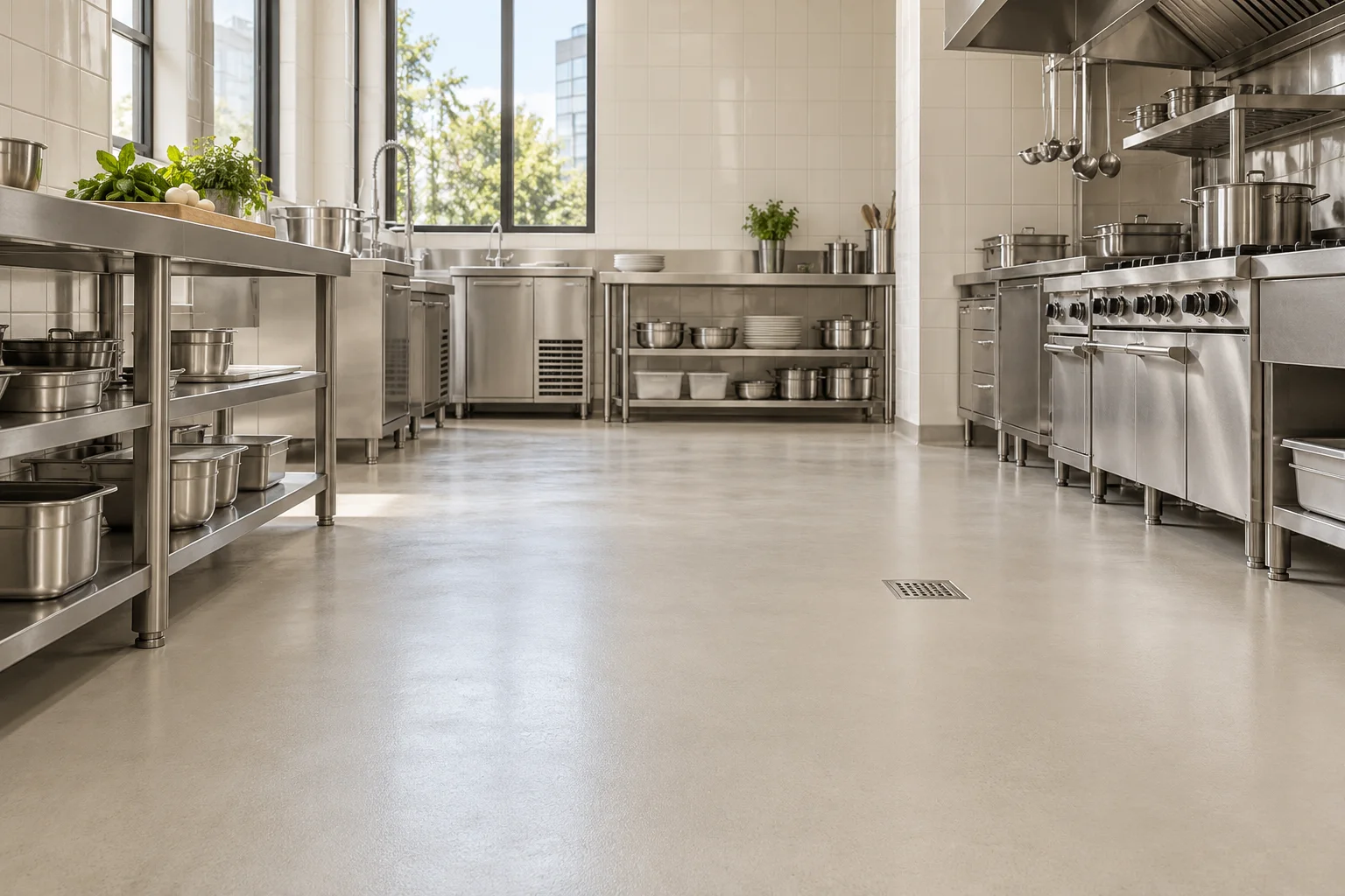Konsep dapur komersial dengan lantai resin kelabu hangat
