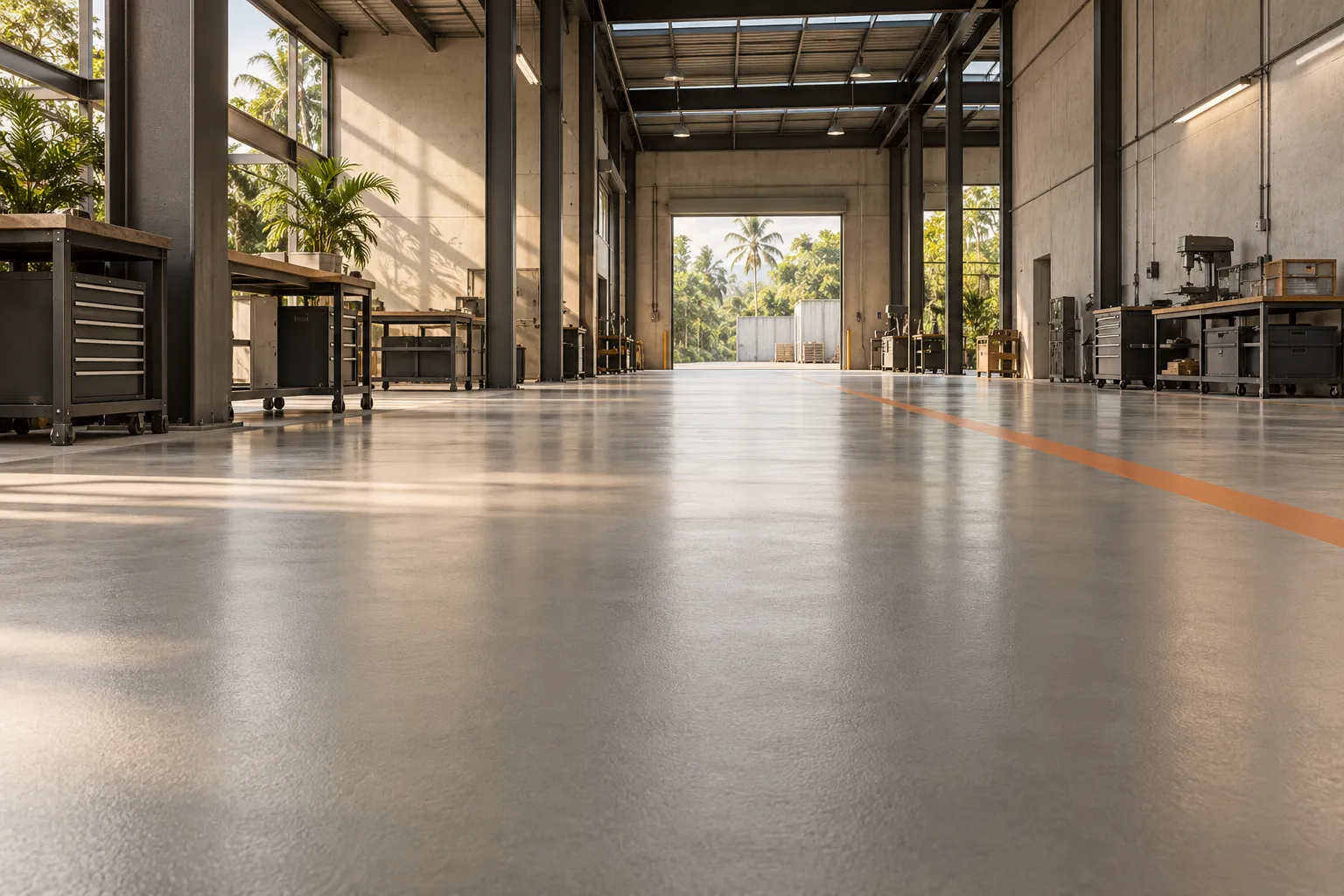 Concept of a satin resin floor in a tropical workshop