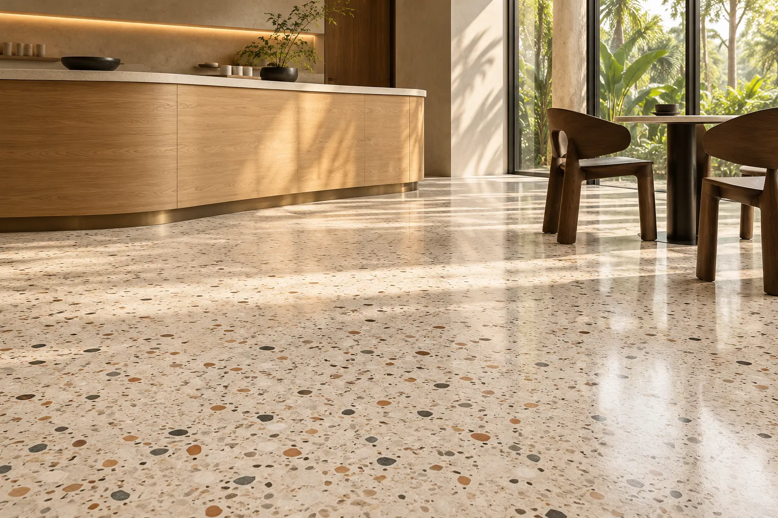 Concept of a terrazzo floor and oak counter in a tropical café