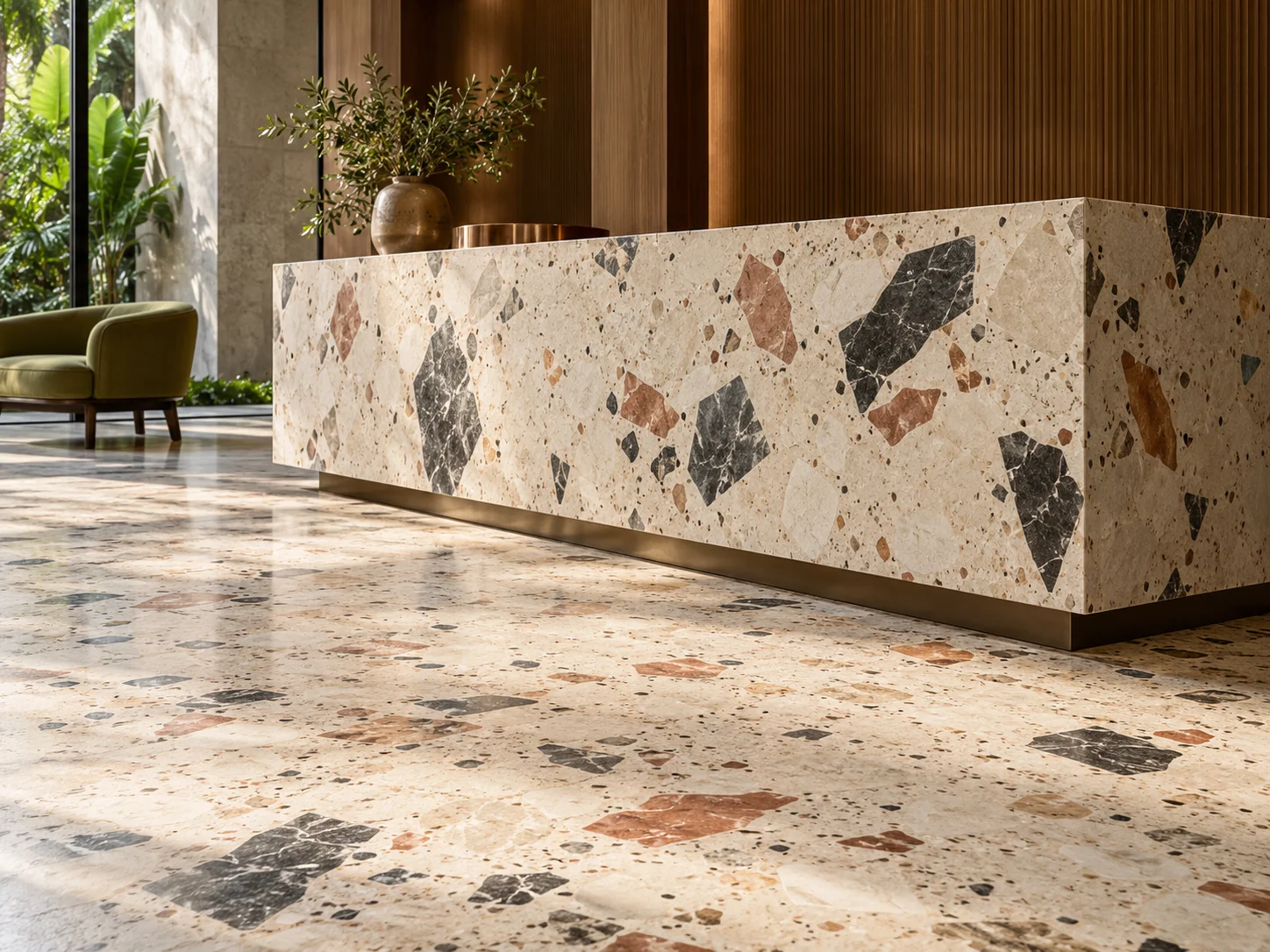 Concept reception with large charcoal and terracotta aggregate in cream terrazzo