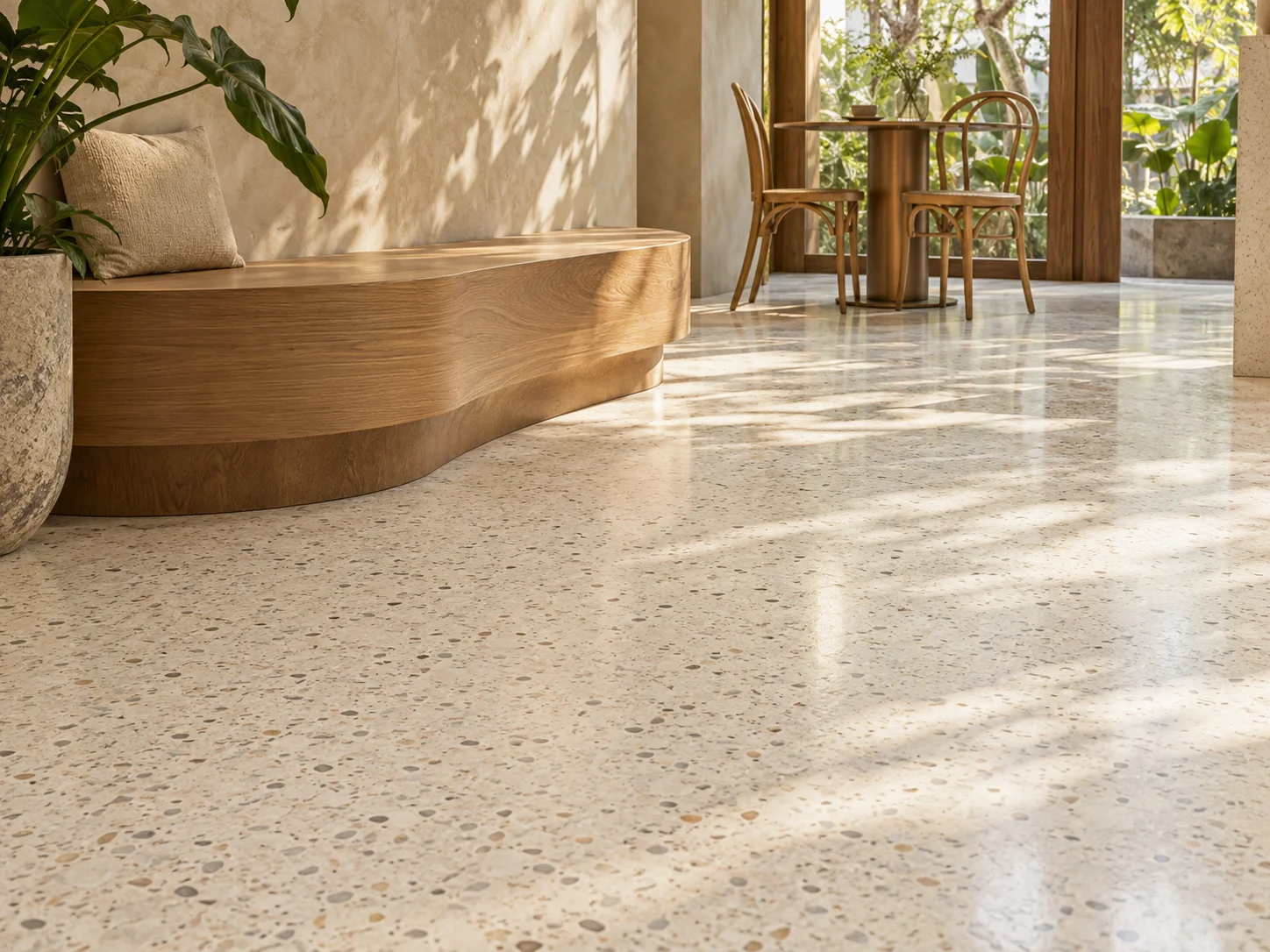 Concept cafe with fine ivory terrazzo flooring and an oak bench